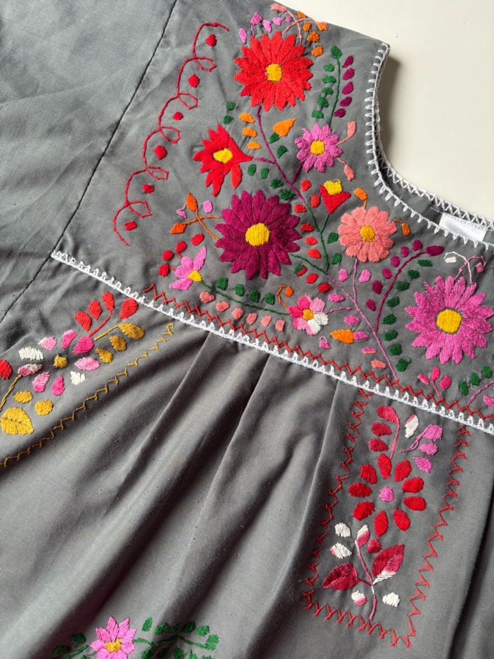 Liliana Gray Cotton Top Tunic Dress Embroidered Floral Stitching Mexico XL